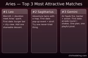 Aries best matches—Leo, Sagittarius, Gemini—with reasons.