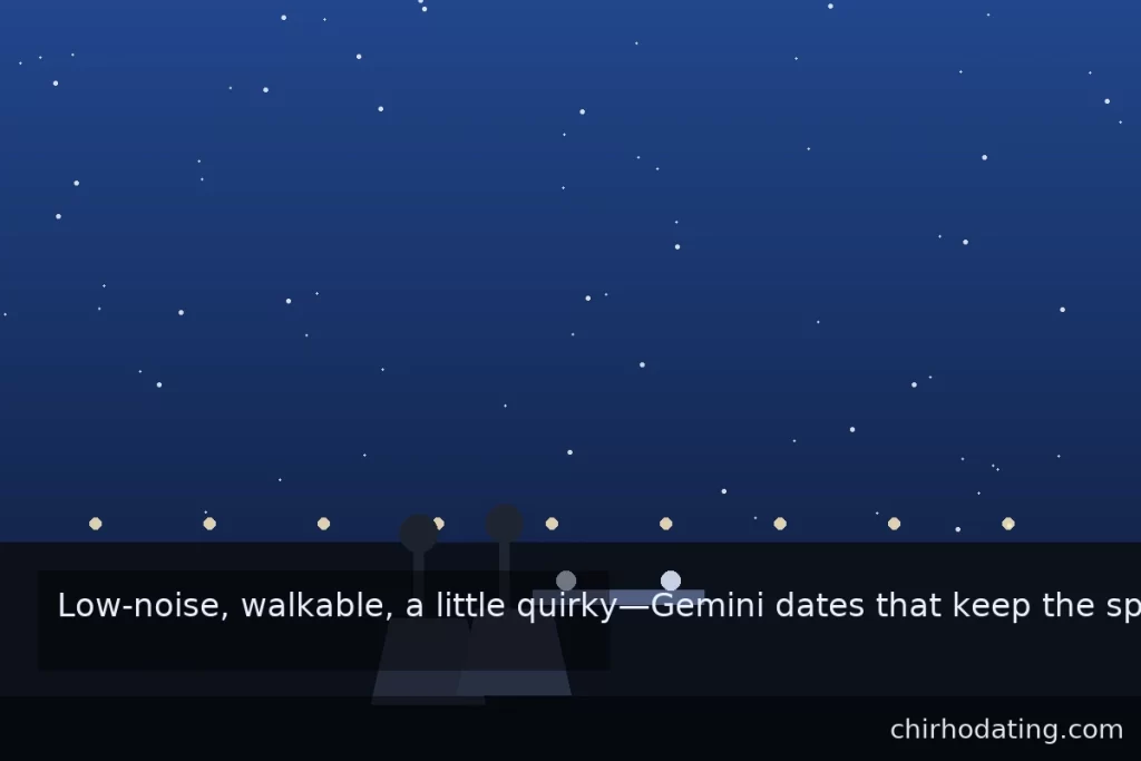 Real-life dating environments that suit Gemini; gallery + rooftop vibe.