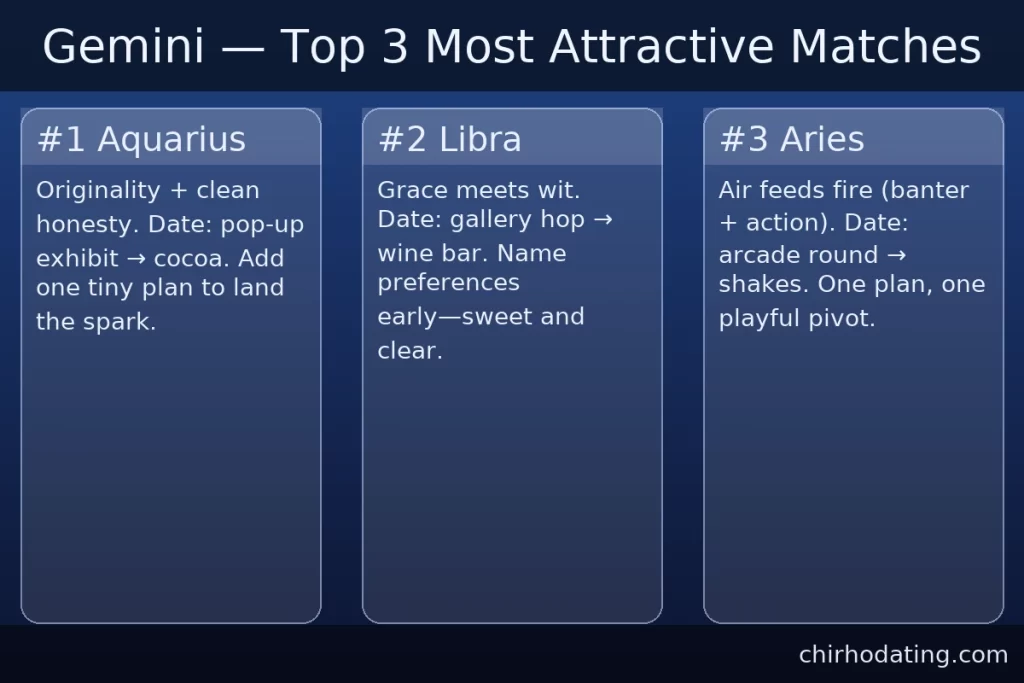 Gemini soulmate guide with top matches, first texts, and playful date ideas.