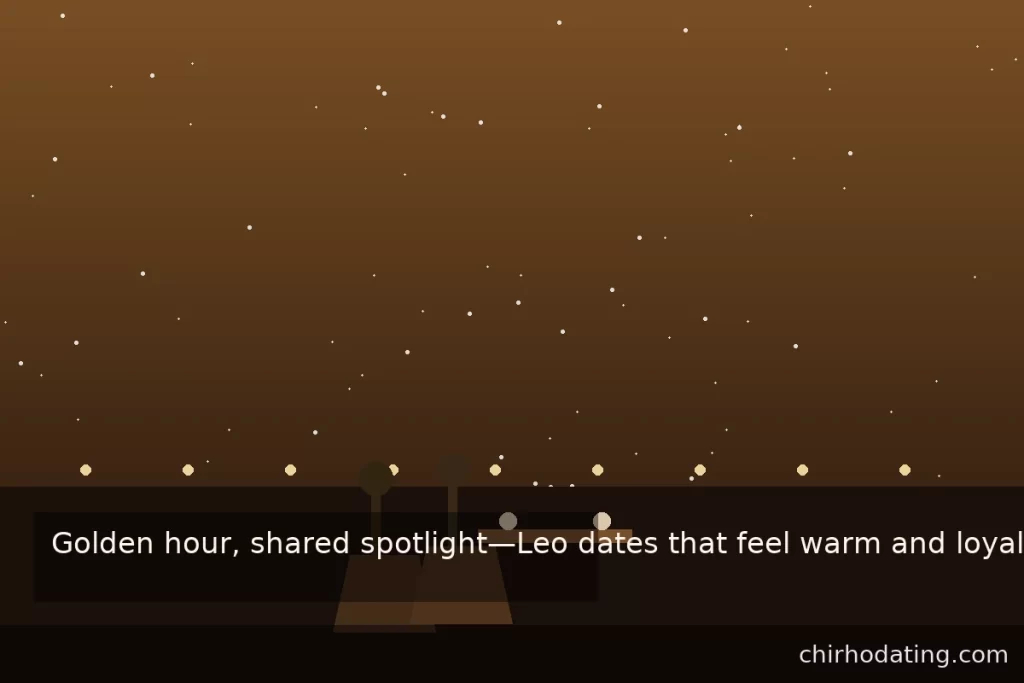 Real-life dating environments that suit Leo; rooftop golden-hour vibe.