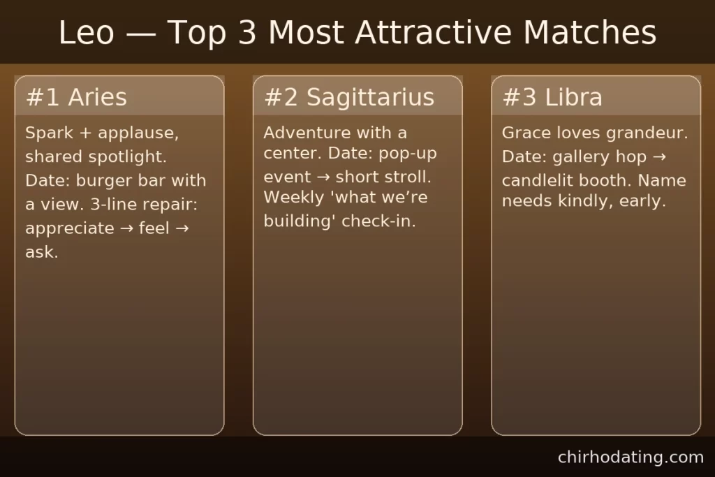Leo best matches—Aries, Sagittarius, Libra—with reasons.