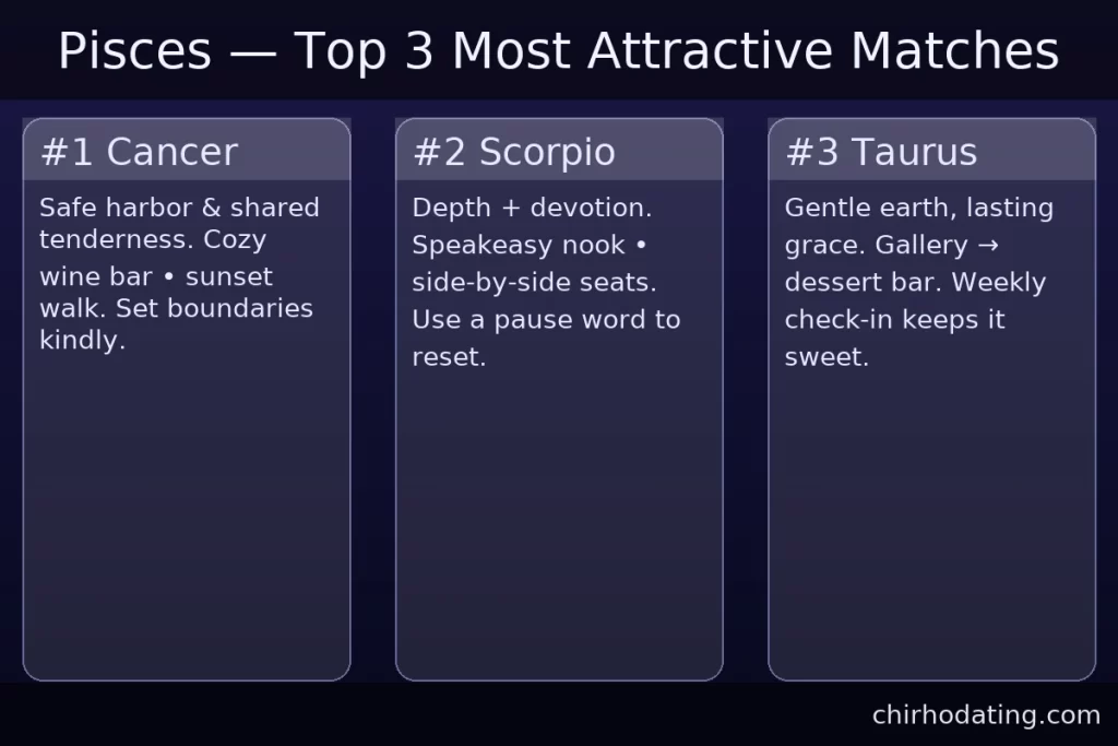 Pisces best matches—Cancer, Scorpio, Taurus—with reasons.