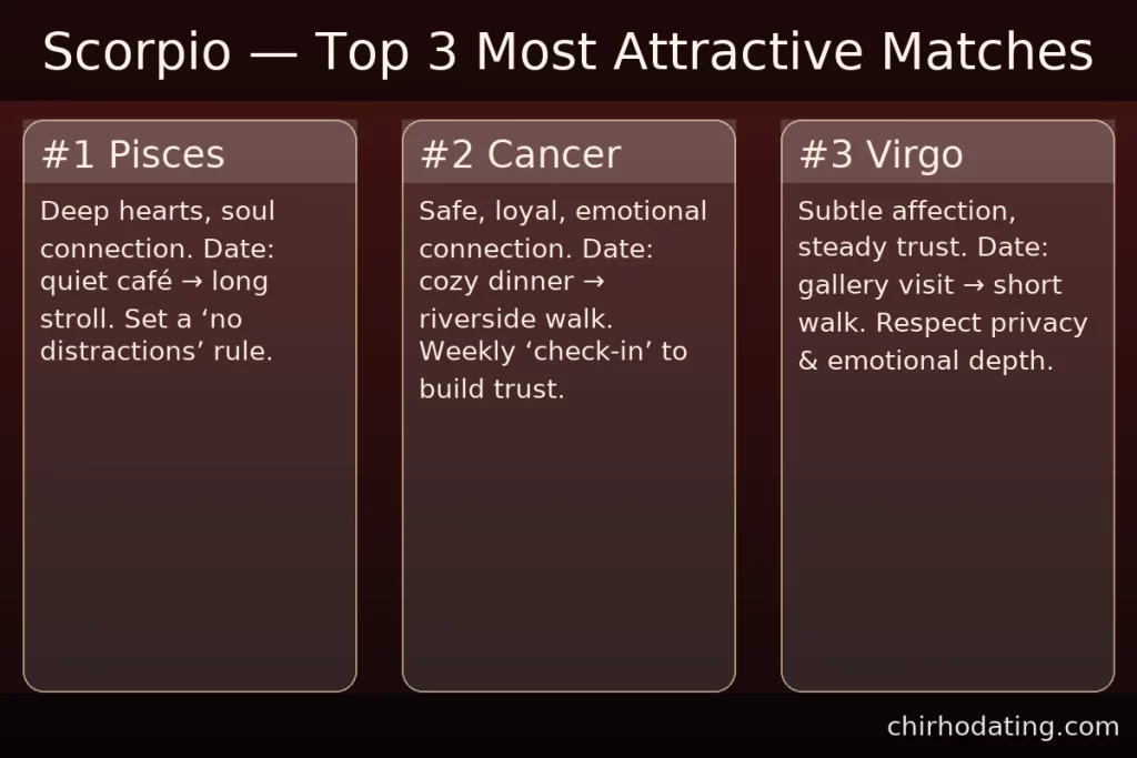 Scorpio best matches—Pisces, Cancer, Virgo—with reasons.