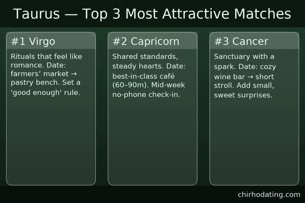 Taurus best matches—Virgo, Capricorn, Cancer—with reasons.