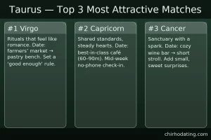 Taurus best matches—Virgo, Capricorn, Cancer—with reasons.
