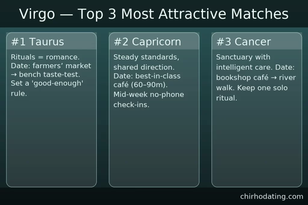 Virgo best matches—Taurus, Capricorn, Cancer—with reasons.