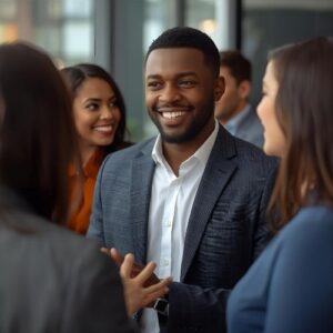 Charismatic man in workplace receiving attention and admiration from colleagues.