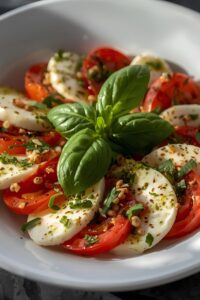 image of caprese salad with mozzarella, tomatoes, basil, and pesto,
