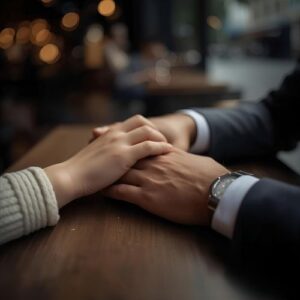 Couple holding hands softly, representing compassion and understanding after conflict.