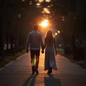 Intimate communication leading to a stronger, closer bond—couple walking hand in hand at dusk.