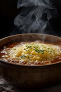 image of french onion soup topped with melted cheese,