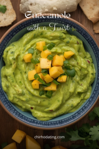 image of guacamole with diced pieces of mango in it,