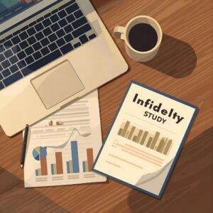 Data and statistics about infidelity and job prestige on desk workspace.