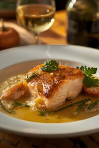 image of salmon in white wine-sauce,
