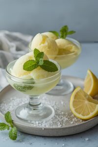 image of refreshing limoncello sorbet with mint,