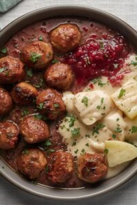 image of Swedish meatballs with mashed potatoes and lingonberry jam,