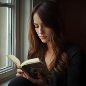 Woman reflecting by window, symbolizing emotional insight and compassion.