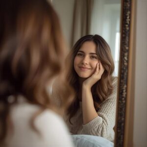 Woman smiling softly in mirror, rediscovering her inner confidence