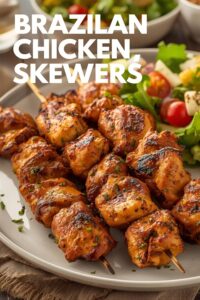 image of Brazilian chicken skewers with salad,