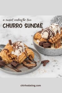 Image of oven-baked churro sundae with ice cream and chocolate sauce.