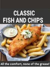 image of fish and chips with tartar sauce,