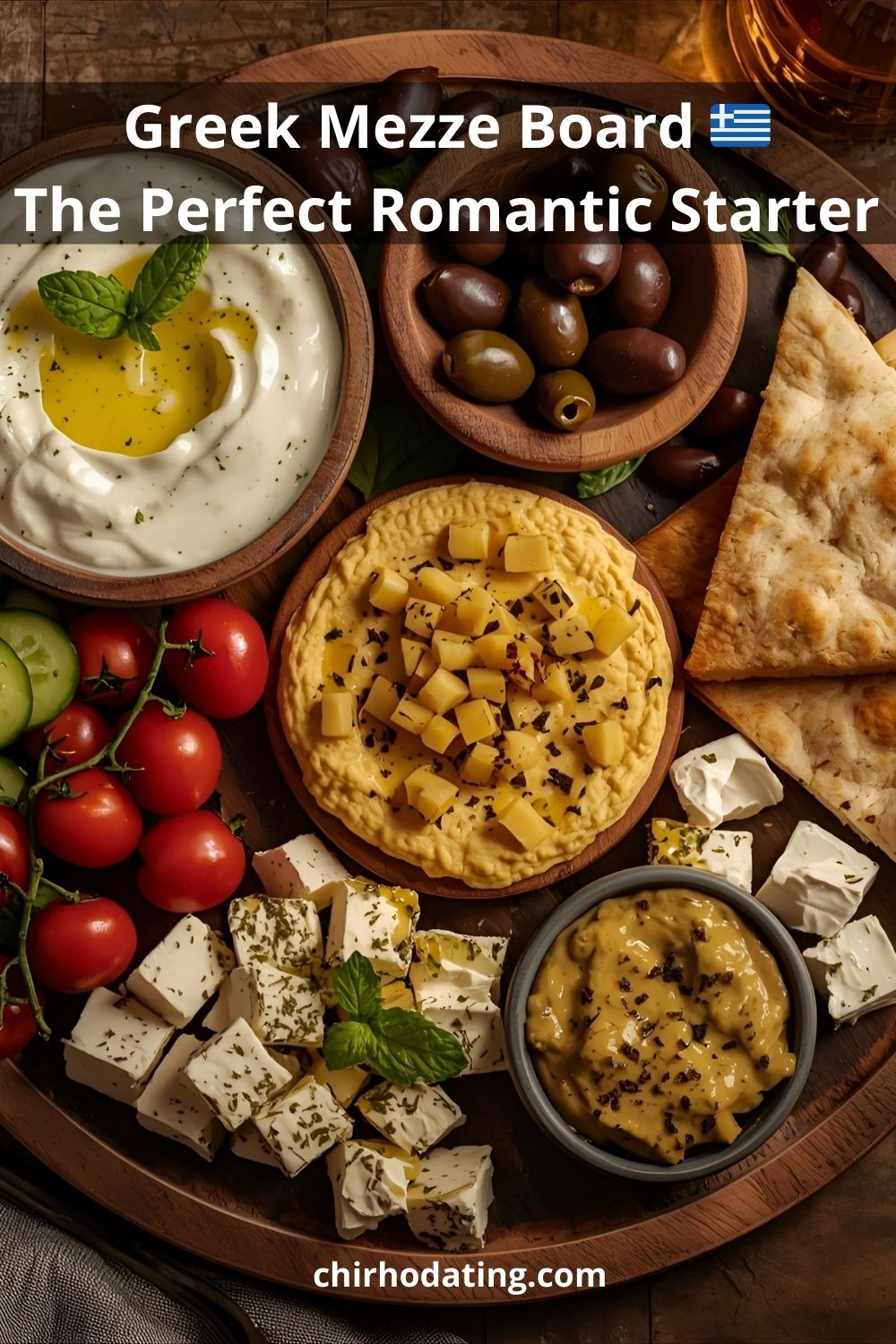 Greek mezze board with dips, feta, olives, and pita bread.