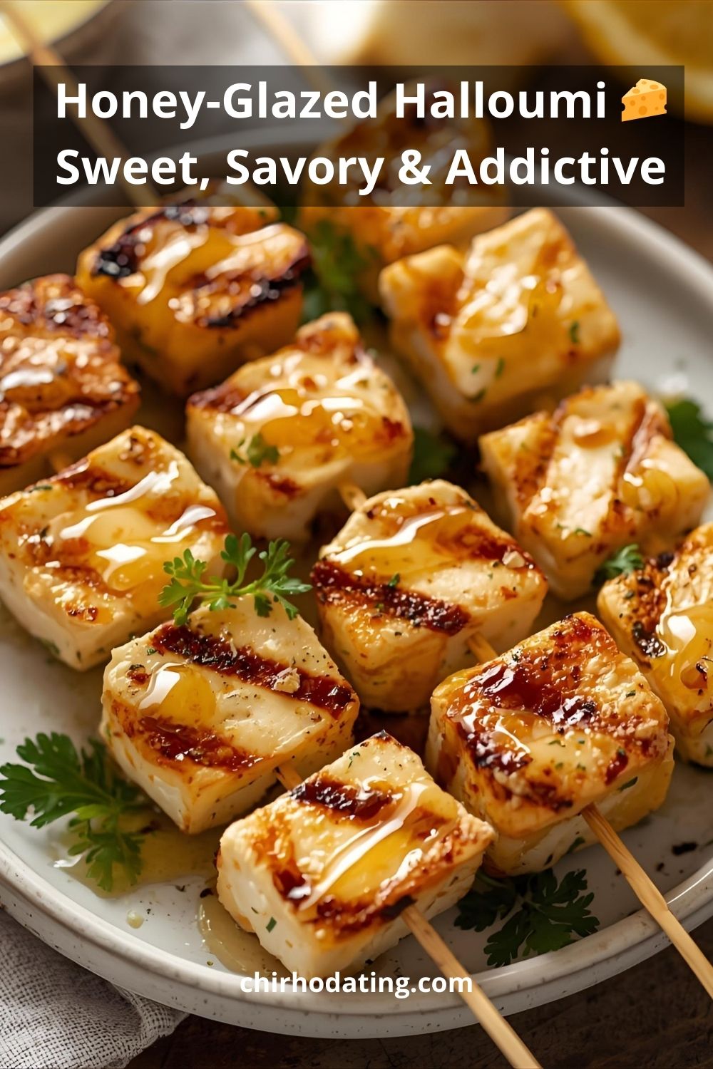 Grilled halloumi skewers drizzled with honey.