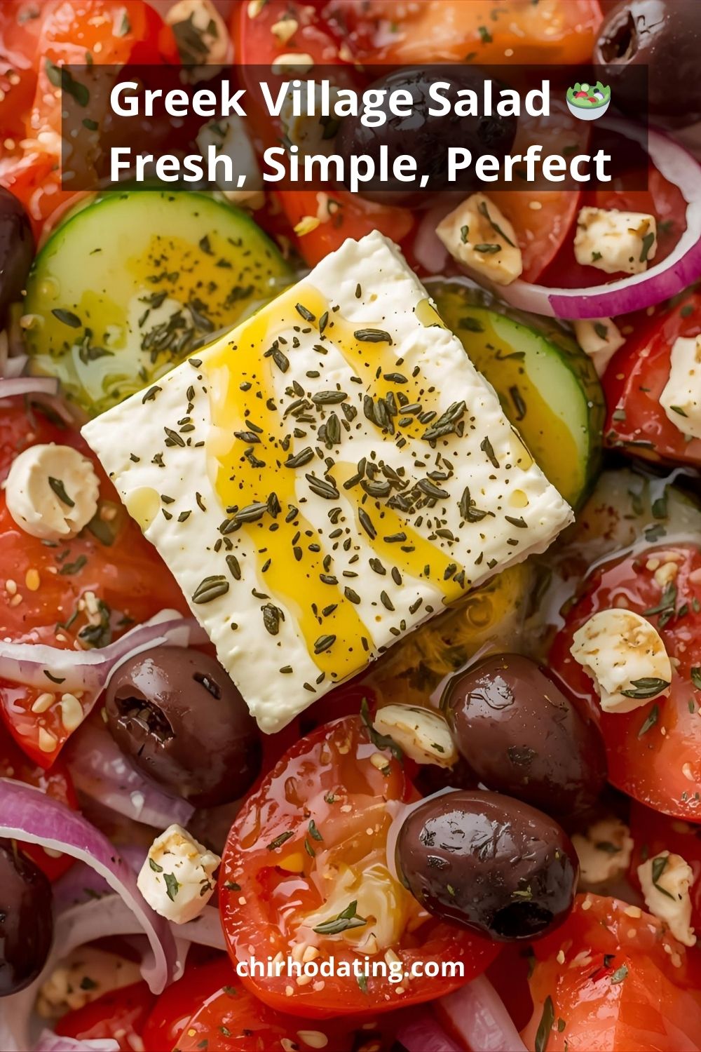Greek village salad with tomatoes, cucumbers, olives, and feta.