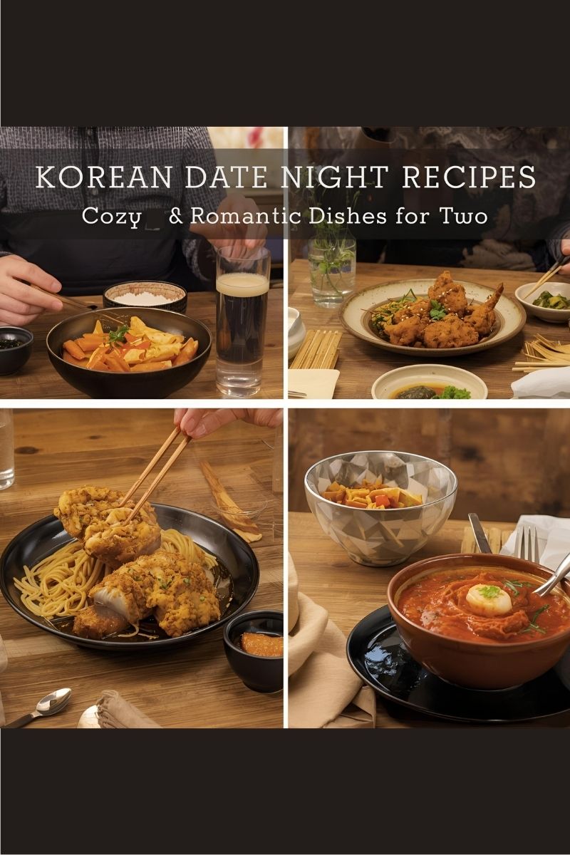 Romantic Korean dinner table with shared dishes and candlelight.