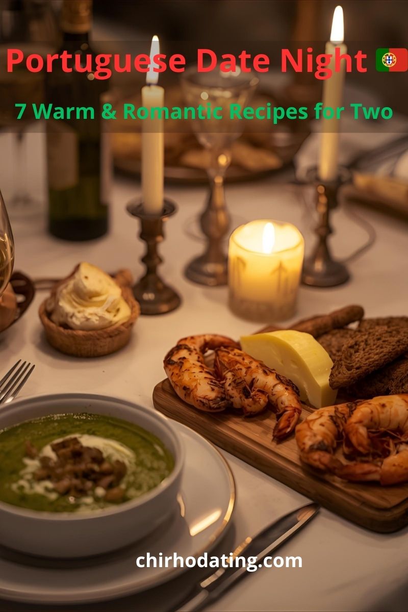 Romantic Portuguese dinner setup with shared dishes and candlelight.