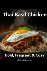Thai basil chicken with rice and fried egg.