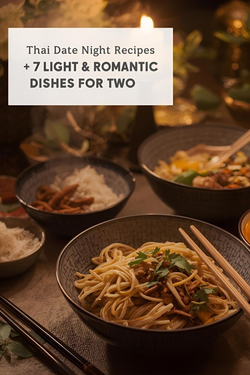 Romantic Thai dinner setup with shared dishes and candlelight.