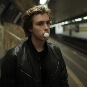 young man chewing gum in the subway,