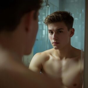 young man looking in the mirror,