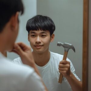 young man ready to smash his face with a hammer,