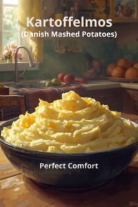 image of a bowl of mashed potatoes in a rustic kitchen,