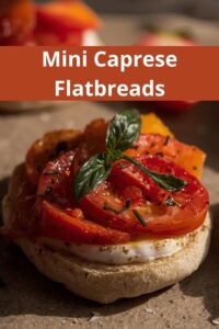 closeup image of mini-caprese with mozzarella, basil, and tomato,