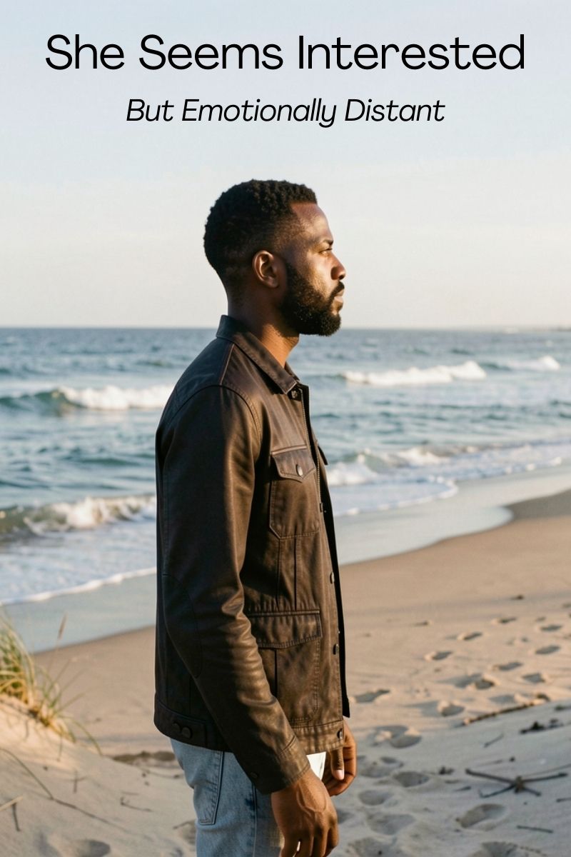 black man on the beach thinking about why she seems interested but is emotionally distant,