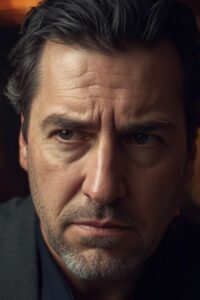 a closeup image of a worried man's face,