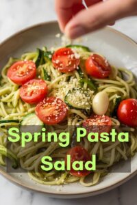 image of a light spring vegetable pasta perfect for date night,