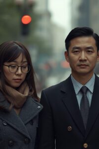 an image of an upset Asian couple walking in the city,