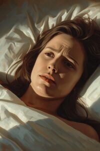 Woman in bed worried about something