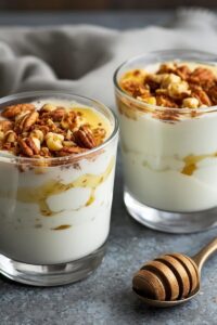 image of Greek yoghurt with crushed nuts and honey drizzle served in two glass cups,