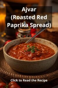 closeup image of ajvar (roasted red paprika spread) served in a bowl on a rustic table,
