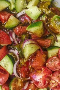 Closeup of Albanian tomato and cucumber salad,