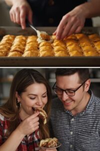 split image of a woman who makes baklava and enjoys it with her husband,