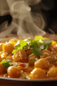 closeup image of coconut chickpea curry,