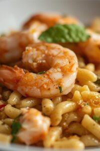 closeup image of creamy orzo with garlic shrimp,