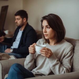 A couple sitting together but looking in different directions