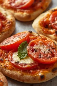 closeup image of flatbread pizzas with caprese topping,